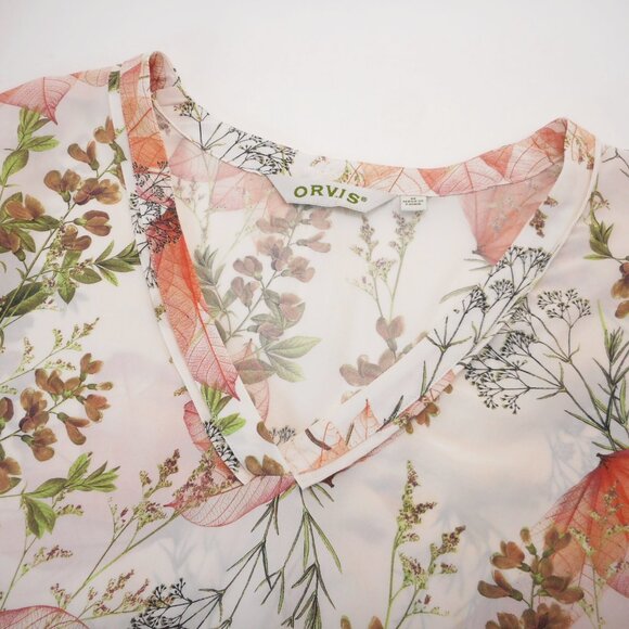 Orvis Women's size M Floral V-neck Blouse 100% Silk White Peach Lightweight - Picture 7 of 11